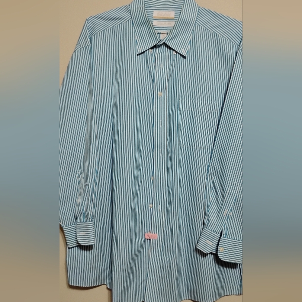 Gold Label Shirt Men 17.5 Blue Striped 100% Cotton Pinpoint Non Iron Performance